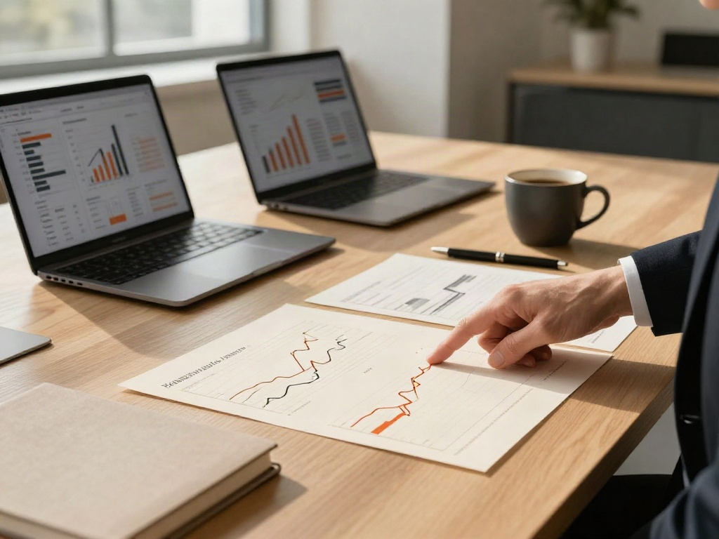 A focused business review with printed performance charts, a laptop and a notebook on an oak table