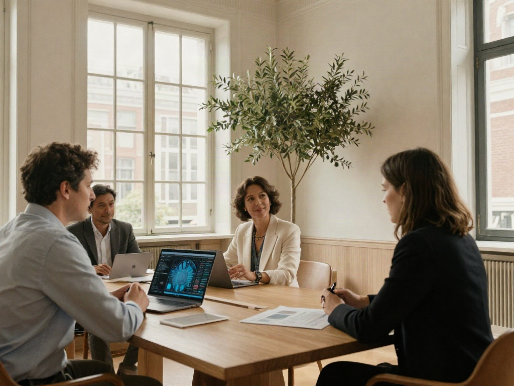 Business professionals considering analytics together in a warm, contemporary meeting room